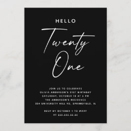 Hello Twenty One | Black Minimalist 21st Birthday 招待状