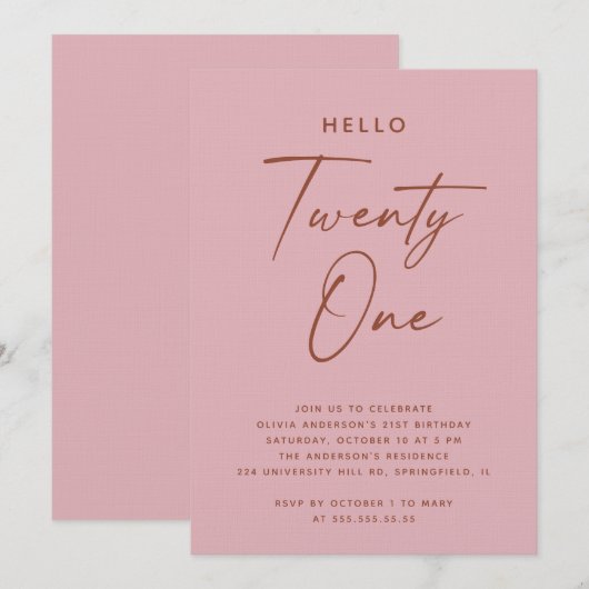 Hello Twenty One | Dusty Rose Pink 21st Birthday 招待状 (正面/裏面)
