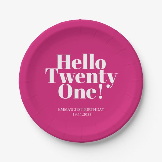 Hello Twenty One Hot Pink 21th Birthdayパーティー ペーパープレート (正面)