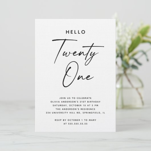 Hello Twenty One | Modern Script 21st Birthday 招待状 (スタンド正面)