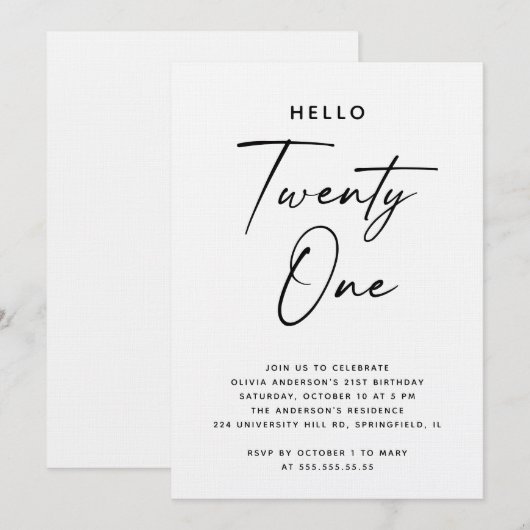 Hello Twenty One | Modern Script 21st Birthday 招待状 (正面/裏面)