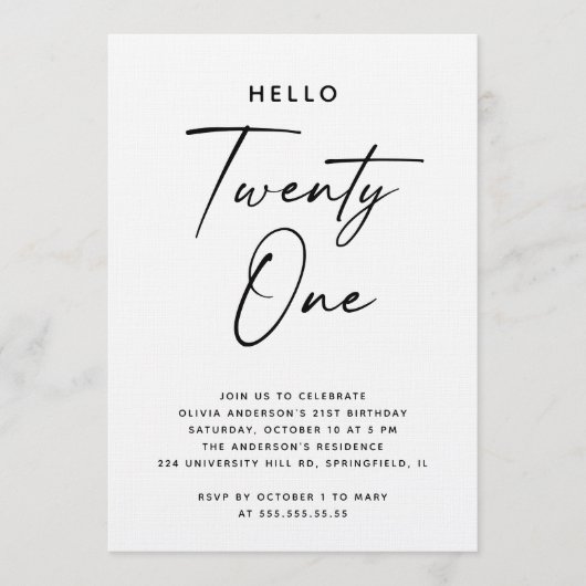 Hello Twenty One | Modern Script 21st Birthday 招待状 (正面)