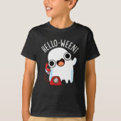 Hello-ween Funny Ghost Pun Dark BG Tシャツ (正面)