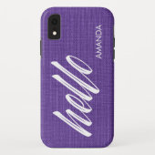 Hello White Script Name Purple Linen Texture Photo Case-Mate iPhoneケース (裏面)