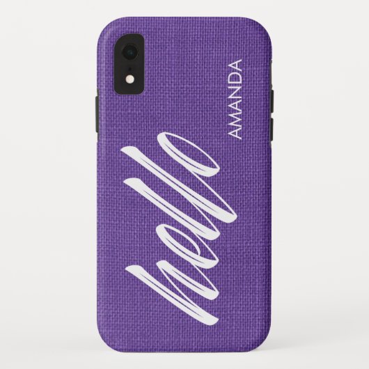 Hello White Script Name Purple Linen Texture Photo Case-Mate iPhoneケース (裏面)