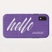 Hello White Script Name Purple Linen Texture Photo Case-Mate iPhoneケース (裏面(横))