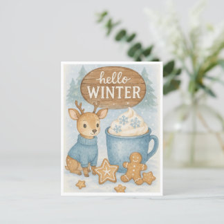 Hello Winter.Cozy Reindeer,ホットココア,ジンジャーパン ポストカード