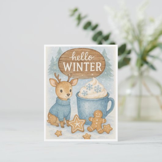 Hello Winter.Cozy Reindeer,ホットココア,ジンジャーパン ポストカード (スタンド正面)