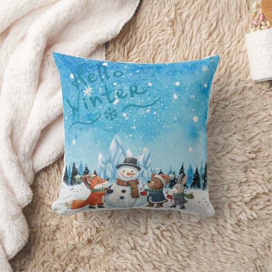 Hello Winter Personalized Throw Pillow クッション (ブランケット)