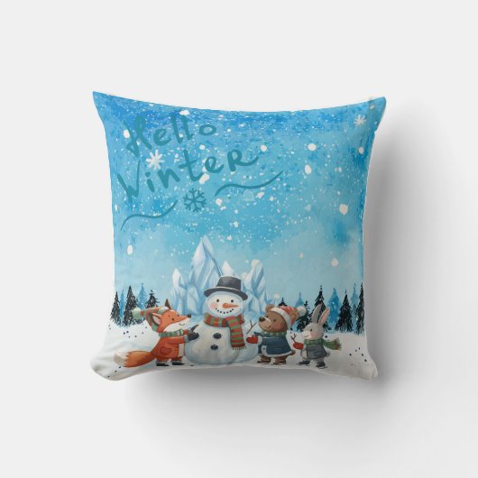 Hello Winter Personalized Throw Pillow クッション (正面)