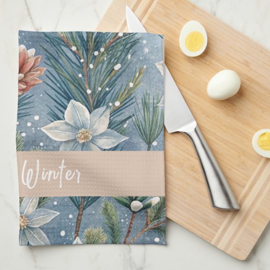 Hello Winter Pines & Flowers キッチンタオル (四つ折り)