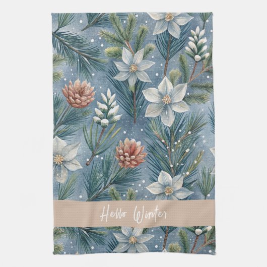 Hello Winter Pines & Flowers キッチンタオル (縦)
