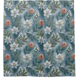 Hello Winter Pines & Flowers シャワーカーテン