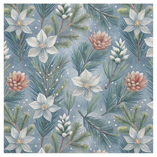 Hello Winter Pines & Flowers ファブリック (クローズアップ)