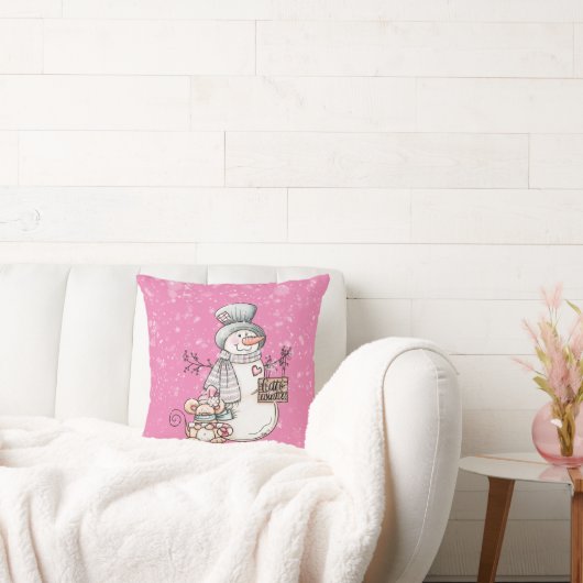 Hello Winter Pink雪だるまとマウスクリスマス クッション (ソファ)