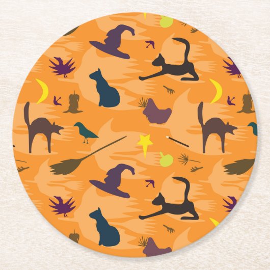 Hello Witch – シームレスなハロウィーンパターン。 ラウンドペーパーコースター (正面)