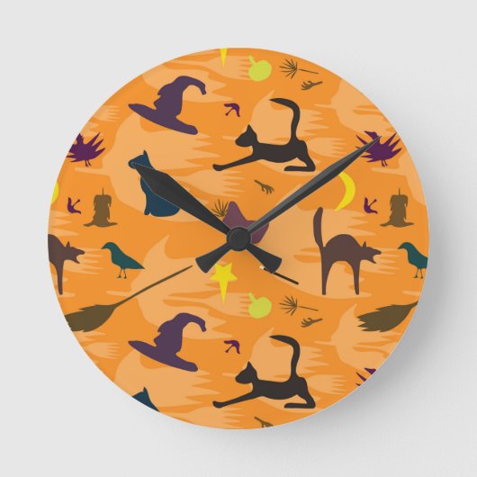 Hello Witch – シームレスなハロウィーンパターン。 ラウンド壁時計 (正面)