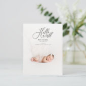 Hello worldスクリプト文字写真の誕生のお知らせ 案内ポストカード (スタンド正面)