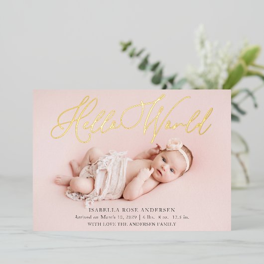 Hello Worldフォトベビー誕生フォイル発表 箔招待状 (立ち正面)