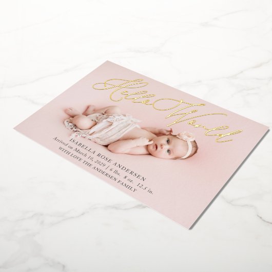 Hello Worldフォトベビー誕生フォイル発表 箔招待状 (回転した状態)