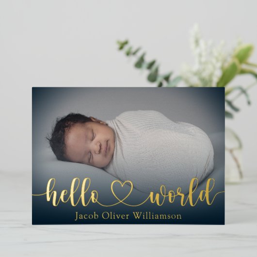 Hello World金ゴールドフォトコラージュベビー発表 箔招待状 (立ち正面)