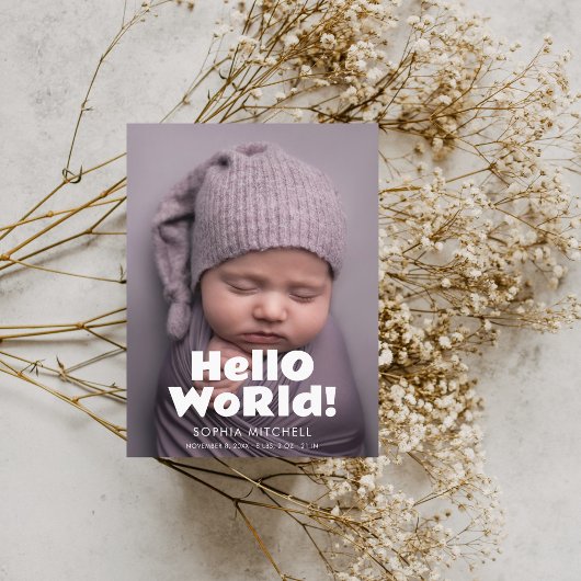 Hello World よくはしゃぐ Photoはっきりした Birth Announcement 案内ポストカード