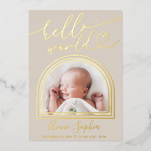 Hello World アーチフレーム 誕生報告 箔招待状 (正面)