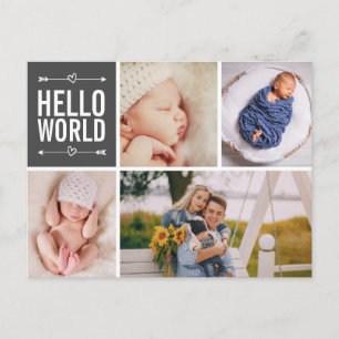 Hello World and Birth Announcementフォトコラージュ ポストカード