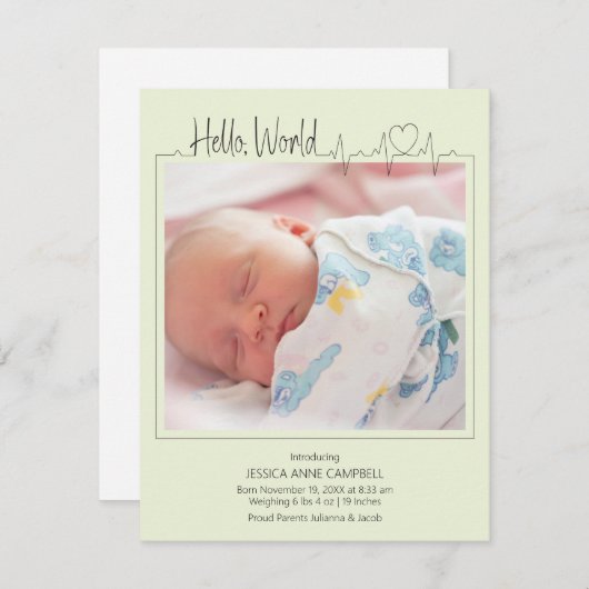 Hello, World Baby Announcement Card 案内状 (正面/裏面)