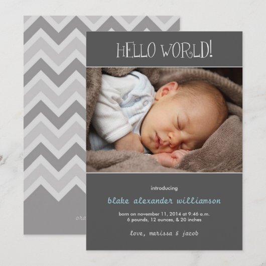 Hello World Birth Announcement//グレー 案内状 (正面/裏面)