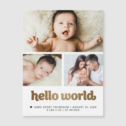 Hello World Gold text Photo Birth Announcement  (正面)
