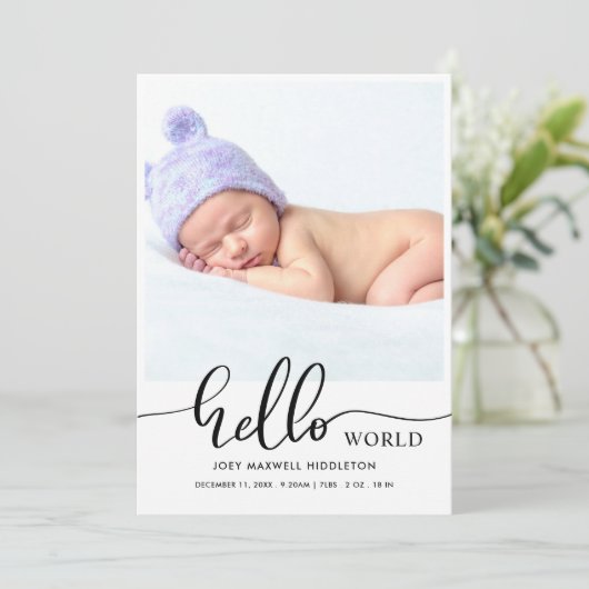 Hello World Modern Script Birth Announcement 案内状 (スタンド正面)