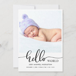 Hello World Modern Script Birth Announcement 案内状