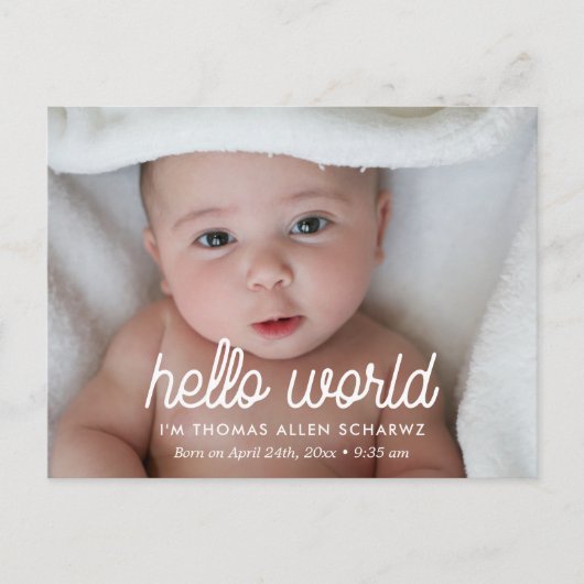 Hello world photo birth announcement ポストカード (正面)