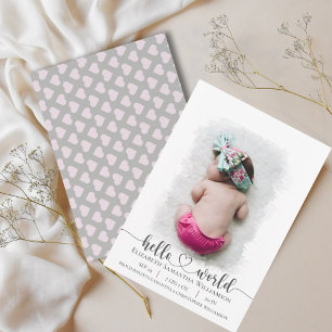 Hello World Photo Pink Hearstベビー 案内状