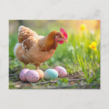 Hen Next to Easter Nest with Colorful Eggs