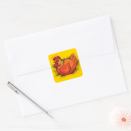 Hen on Nest Bright Farmyard Chicken スクエアシール