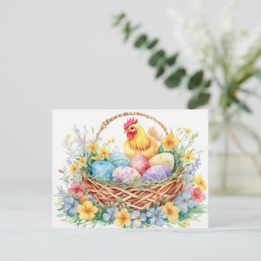 Hen stands beside an Easter nest filled with eggs ポストカード (スタンド正面)