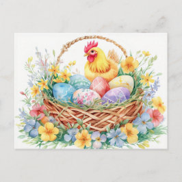 Hen stands beside an Easter nest filled with eggs ポストカード