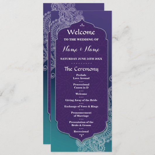 Hennaのスタイルの宝石のアラビアンナイトの結婚式プログラム プログラム (正面/裏面)