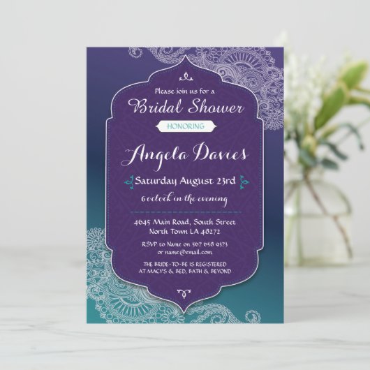 Hennaのスタイルの宝石のブライダルシャワーの招待のアラビア人 招待状 (スタンド正面)