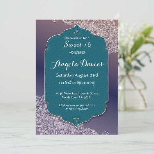 Hennaのスタイルの宝石の菓子16の誕生会第16 招待状 (スタンド正面)