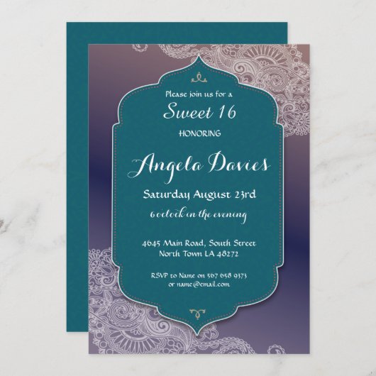 Hennaのスタイルの宝石の菓子16の誕生会第16 招待状 (正面/裏面)