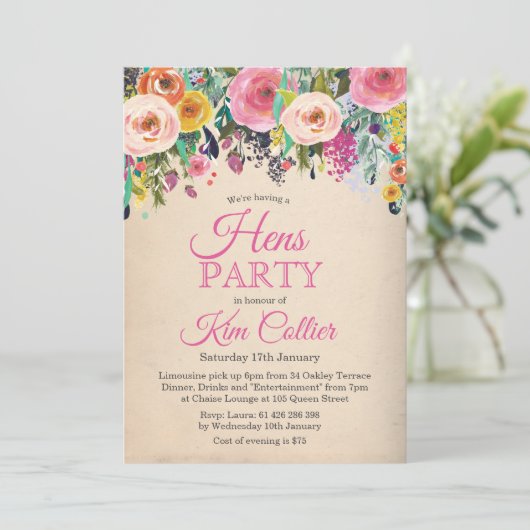 Hensパーティーヴィンテージフローラ招待状 招待状 (スタンド正面)