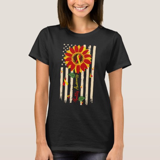 Hepatitis Awareness Sunflower Red and Yellow Ribbo Tシャツ (正面)