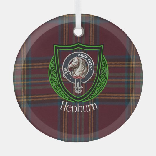 Hepburn Scottish Clan Tartan & Crest ガラスオーナメント (正面)