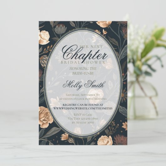 Her Next Chapter Dark Floral Bridal Shower 招待状 (スタンド正面)