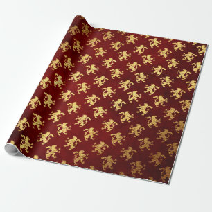 Heraldicライオンの王室のな金赤いビロード ラッピングペーパー