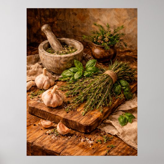 Herbs and Garlic Still Life a Rustic Culinary ポスター (正面)