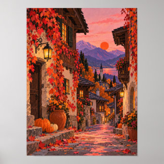 Herbstgasse mit Laternen und Weinlaub – Poster ポスター
